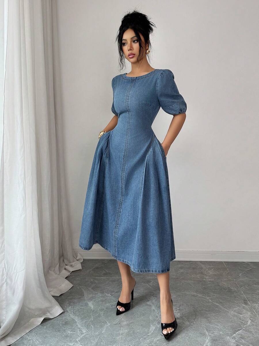 Elenzga 女士束腰时尚牛仔连衣裙 - 中等水洗藍 - 查看 1