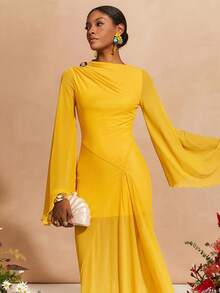 Zivah 2026春夏新款，不对称领口长袖开衩网纱透视长款连衣裙，带衬里，适合情人节、音乐节、复活节、西部风、波西米亚风、纳什维尔派对等场合，黄色 - 鵝黃色 - 查看 6