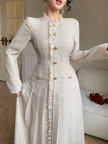 DAZY Elegant Women's Mid-Length Dress With High Collar And Ruffle Hem Waist Decor Wedding Guest Dress - Apricot - View 4