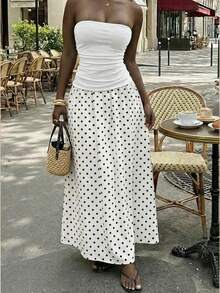 MainGRL Women's White Polka Dot Print Ruffle Hem Strapless Dress, Suitable For Vacation, Autumn Fashion, Wedding Guest Attire, Birthday Party, Outdoor Wear Strapless Maxi Dress Women White Polka Dot Dress Vacation Outfits Woman - Multicolor - View 8