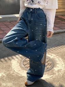 FRIFUL Women's Casual Heart Print Washed Denim Jeans, Suitable For Autumn - Blue - View 9