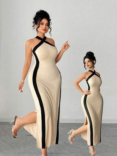 Elenzga Plus Size Colorblock Minimalist Sleeveless Casual Dress