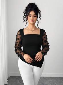 Elenzga Women's Plus Size Elegant Commuter 3D Floral Decor Mesh Splice T-Shirt, Autumn - Black - View 4