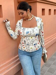 Selianne 大码女式印花修身长袖T恤，休闲日常穿着 - 彩色 - 查看 5