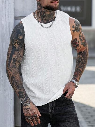 Manfinity CasualCool Men's Casual Textured Sleeveless Tank Top,Men Old Money,Daily Leisure, Weekend Trips, Outdoor Activities, Travel Expeditions, Relaxed Work Environments Or Semi-Formal Occasions, Boyfriend/Husband Gift, Anniversary /Birthday Gift Party Summer Vacation Holiday,Wedding,Spring To Summer,Mardi Gras,Stylish Men's White Sleeveless Tank Top With Textured Pattern For Outdoor Activities And Casual Wear,Men's Sleeveless T-Shirt,Men White Tank Top,Men's Cut Off Tank Top,