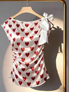 Franclia Spring/Summer Women's New Arrivals: Romantic And Elegant Vacation Beach Commute Office Banquet Party Afternoon Tea Party Girlfriends Party Birthday Party Annual Meeting Concert Series Heart Print Series Tie-Up Bow Design Satin Matte Texture Comfortable Cool Elegant Casual Everyday Holiday Tops, Valentine's Day Tops Carnival Tops White Tops Burgundy Shirts White Shirts Bow Tie Tops - Multicolor - View 3