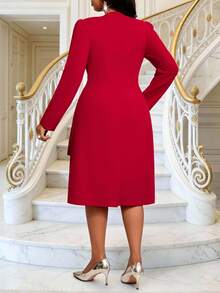 Fleurora 大码女式V领长袖腰部褶皱优雅连衣裙 - 紅色 - 查看 2