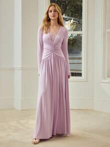 MOTF PREMIUM DEEP V-NECK LACE PATCHWORK CINCHED WAIST COMFORTABLE LONG SLEEVE DRESS FOR WOMEN, SPRING/SUMMER - Purple - View 4