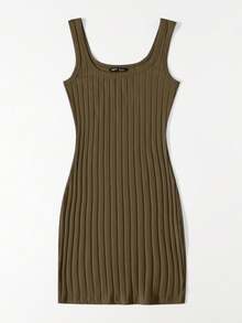 SHEIN Essnce 女士简约纯色罗纹针织吊带连衣裙，夏季 - 軍綠色 - 查看 3