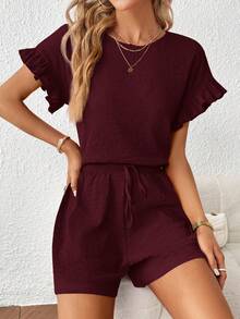 SHEIN Essnce 2pcs Women Short Sleeve Top & Elastic Waist Shorts Set - Maroon - View 3