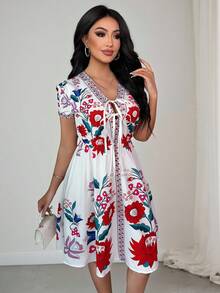 Vavine Women's V-Neck Tie Design Floral Print Casual Vacation Mini Dress, Spring/Summer - Multicolor - View 4
