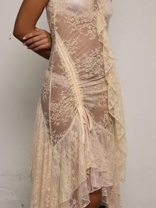 COUREZ 不对称蕾丝吊带长裙 / Y2K 冬季女装外出穿搭黑色连衣裙女式派对礼服圣诞节新年性感优雅 - 奶油色 - 查看 8