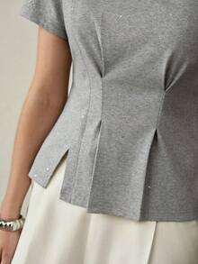 MOTF PREMIUM FASHIONABLE & EXQUISITE HIGH-END DESIGN SEQUIN EMBELLISHED ROUND NECK SHORT SLEEVE WOMEN T-SHIRT - Grey - View 4