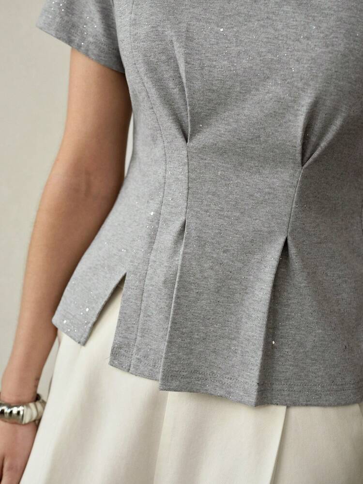 T-shirt femme à manches courtes, col rond, orné de sequins, au design haut de gamme, à la mode et raffiné