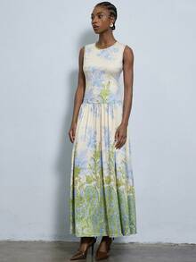 Aveloria Modichic Elegant French Romantic Vintage Fashion Casual Long Fitted Bodycon Colorblock Floral Print Sleeveless Flared Maxi Dress/Floral Placement - Multicolor - View 4