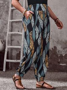 EMERY ROSE 大码女式舒适印花抽绳裤，适合夏季、春季、室内休闲、户外度假穿着 - 彩色 - 查看 3