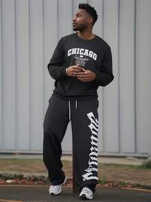 Heavens Edit 男士复古美式圆领卫衣，芝加哥字母印花，休闲街头风，秋冬款，长袖上衣 - 黑色 - 查看 2