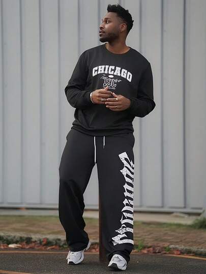 Heavens Edit 男士复古美式圆领卫衣，芝加哥字母印花，休闲街头风，秋冬款，长袖上衣