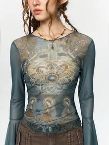 ROMWE Fairycore 仙女、圣母玛利亚、莲花和十字架印花修身喇叭袖薄纱女式上衣 - 彩色 - 查看 5