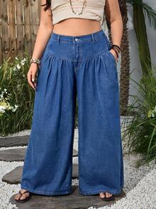Breezaya 大码女式休闲宽松阔腿牛仔裤，街头度假风 - 中等水洗藍 - 查看 1