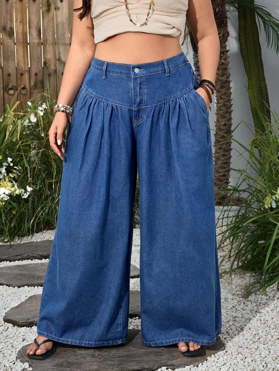 Breezaya 大码女式休闲宽松阔腿牛仔裤，街头度假风 - 中等水洗藍 - 查看 1