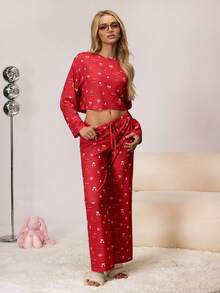 SHEIN Women's All-Over Print Long Sleeve Top And Pants Pajama Set - Red - View 4