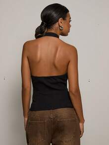 COUREZ Sleeveless Halter Neck Top With Front Cut Out And Tie Detail /Y2K Spring Clothes For Women Cute Sexy Going Out Tops Black Tops Music Festival Outfits Summer Tops - Black - View 3