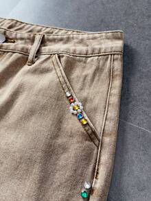 ROMWE MEN Street Life 男士休闲日常牛仔短裤，带口袋、纽扣和毛边裤脚 - 棕色 - 查看 7