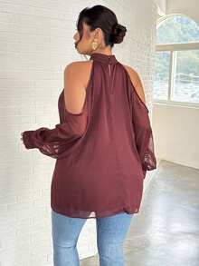 Firerie Große Größen einfarbiges 3D Blumen Dekor Ausschnitt elegant Langarm Bluse mit freien Schultern, sexy Blusen mit Ballonärmeln, Frühlings Bluse für Frauen, Schulterfreie Bluse für Frauen - Bordeaux - Übersicht 2
