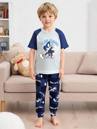 Young BoyCute Cartoon Print Short Sleeve Snug Fit Pajama Set