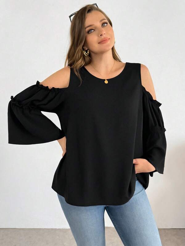 SHEIN Essnce Plus-Size Women's Spring/Summer Fashion Casual Loose Comfortable Everyday Basic Versatile Slimming Black Off-Shoulder Three-Quarter Sleeve Top,Women Blouse,Spring Clothes,Vacation Outfits