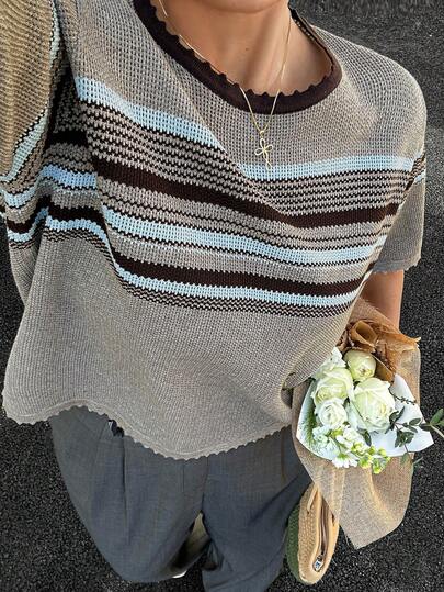 Dazy Plus Fashionable Color Block Round Neck Casual Versatile Short Sleeve Knit Top, Spring/Summer