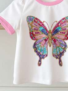 Baby Girl Casual Minimalist Short Sleeve Round Neck Top, Suitable For Summer, Faux Sequins Butterfly Print, Sweet & Cute, Suitable For Parties & Casual Wear - Multicolor - View 5
