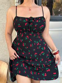 SHEIN EZwear Vestito casual a canotta con stampa di ciliegie e laccio frontale, taglie comode per donna - nero - Visualizzare 3