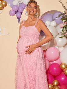 SHEIN 孕妇甜心领短袖荷叶边腰身优雅连衣裙 - 粉色 - 查看 1