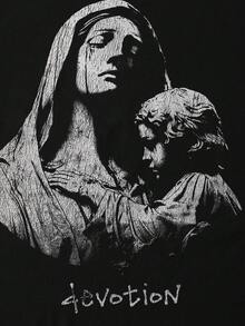 ROMWE MEN Men's Letter & Figure Print Loose Fit Round Neck Short Sleeve T-Shirt - Black - View 2