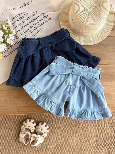 LMoss Kids 两件套女童深蓝色和浅蓝色牛仔短裤，配有蝴蝶结腰带和荷叶边裤脚，宽松版型