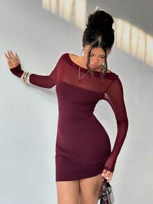 Aloruh Women's Elegant Off Shoulder Mesh Patchwork Bodycon Mini Dress, Suitable For Valentine's Day - Red Violet - View 4