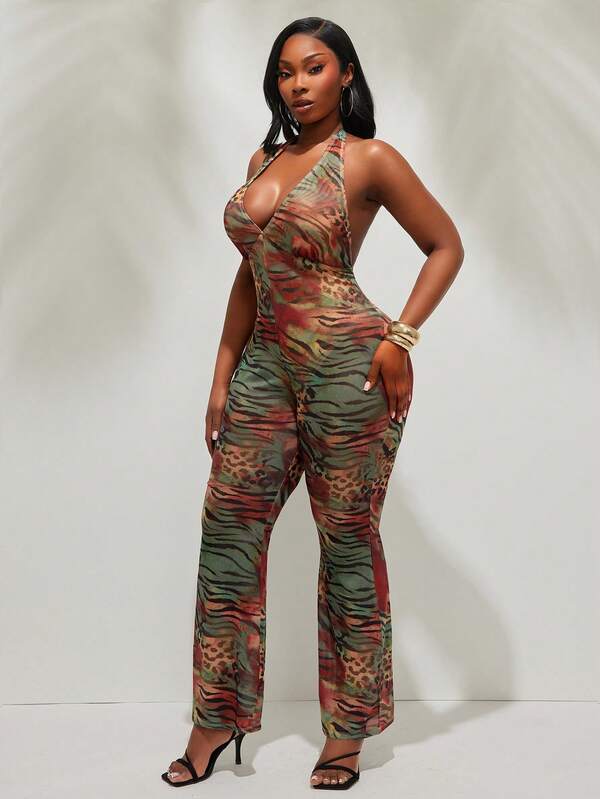Radiana 大码女式时尚性感休闲修身动物纹扎染连体裤，适合外出、约会、派对、聚会、复古风