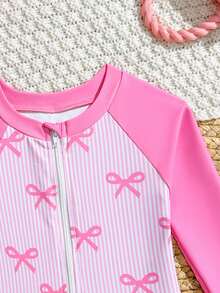 Sparklyn 女婴可爱弹力粉色撞色蝴蝶结印花荷叶边长袖两件套泳衣带帽子 - 粉色 - 查看 5