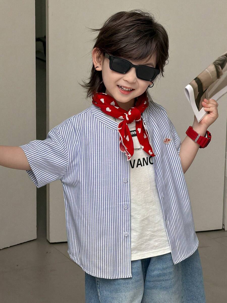 DAZY Young Boy Striped Print Button-Front Casual Short Sleeve Shirt - Blue - View 1