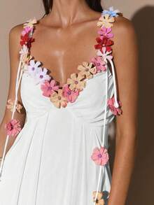 SHEIN BAE Đầm màu mơ trơn thanh lịch với họa tiết hoa 3D, dáng ôm sát, chất liệu lưới xuyên thấu, thích hợp cho kỳ nghỉ, đi biển, tiệc brunch. - trắng - Xem 6