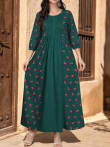 Al Najma Women's Floral & Plant Digital Print Ruched Waist Midi Dress With Flared Hem, Round Neck, Long Sleeve, Spring - Multicolor - View 1