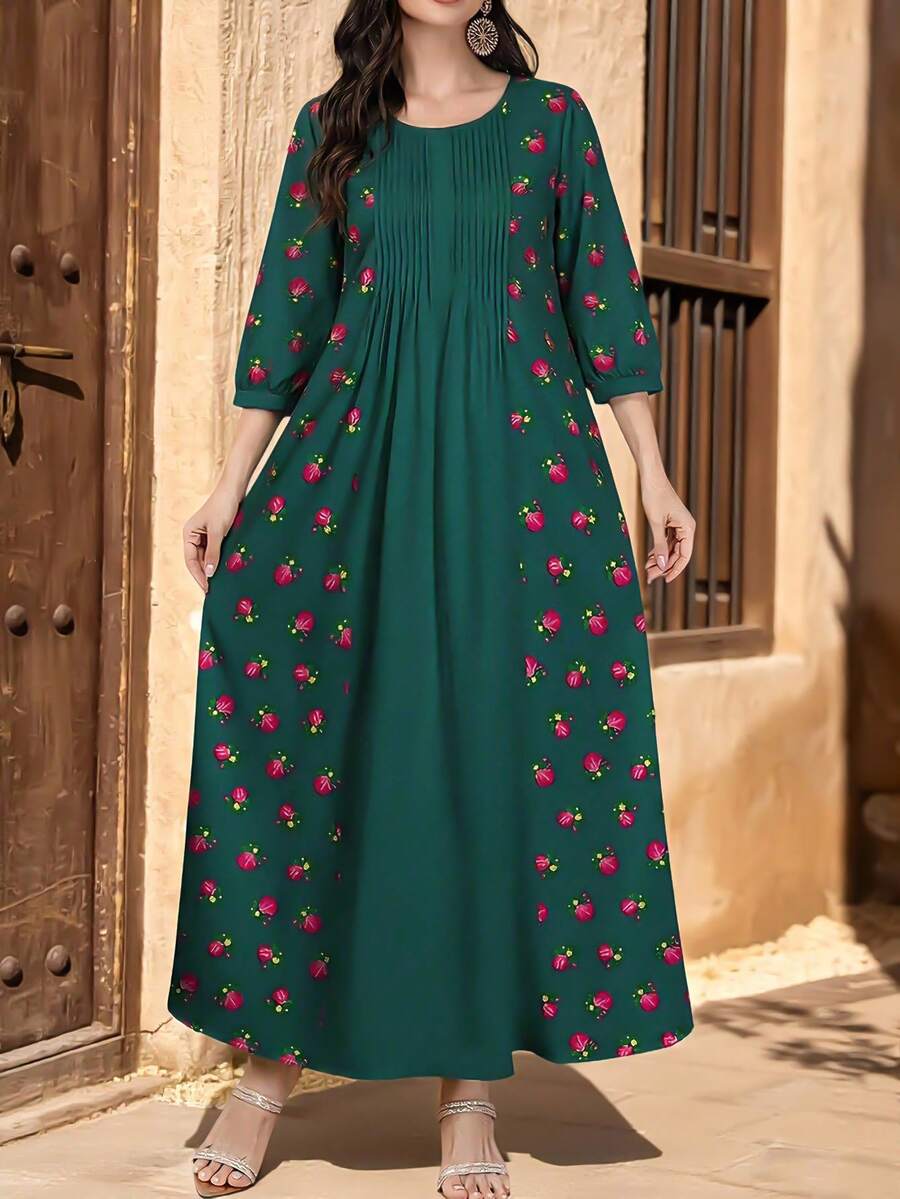 Al Najma Women's Floral & Plant Digital Print Ruched Waist Midi Dress With Flared Hem, Round Neck, Long Sleeve, Spring - Multicolor - View 1