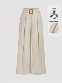 SHEIN MOD Quần ống rộng màu trơn dành cho nữ, thích hợp mặc mùa xuân/hè, ngày Valentine, hẹn hò, đi biển, nghỉ hè, chất liệu vải lanh, mặc hàng ngày, đi học và đi làm, phong cách retro, thanh lịch, thoải mái, boho, ống rộng, kiểu phương Tây, phù hợp đi làm, phong cách cổ điển. - Màu be - Xem 3