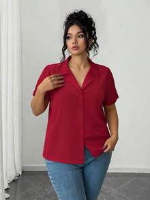 Franclia 大码女式纯色翻领短袖纽扣休闲宽松通勤优雅衬衫 - 紅色 - 查看 3