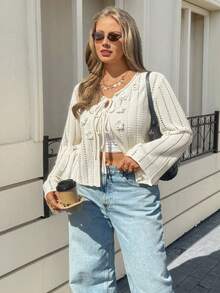 Lounesse 大码女式镂空杏白色长袖轻薄开衫，花卉图案，休闲日常穿着，适合外出和度假 - 杏色 - 查看 6