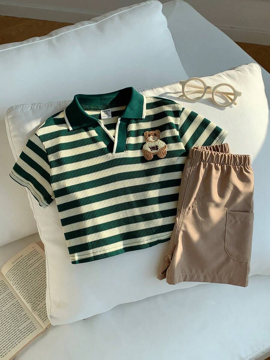 SHEIN 两件套男婴可爱休闲夏季条纹卡通图案短袖polo衫和松紧腰短裤套装,适合生日派对、锐舞派对、晚宴、演出、婚礼、迎婴派对、洗礼、一周岁生日庆祝、婚礼宾客、迎婴派对洗礼服装 - 彩色 - 查看 1