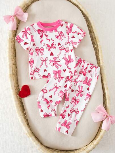 新生女宝宝可爱夏季休闲针织蝴蝶结图案短袖睡衣套装