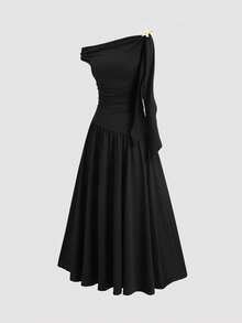 Sweetra 女士纯色高端斜肩多功能褶皱修身A字长连衣裙，夏季 - 黑色 - 查看 4